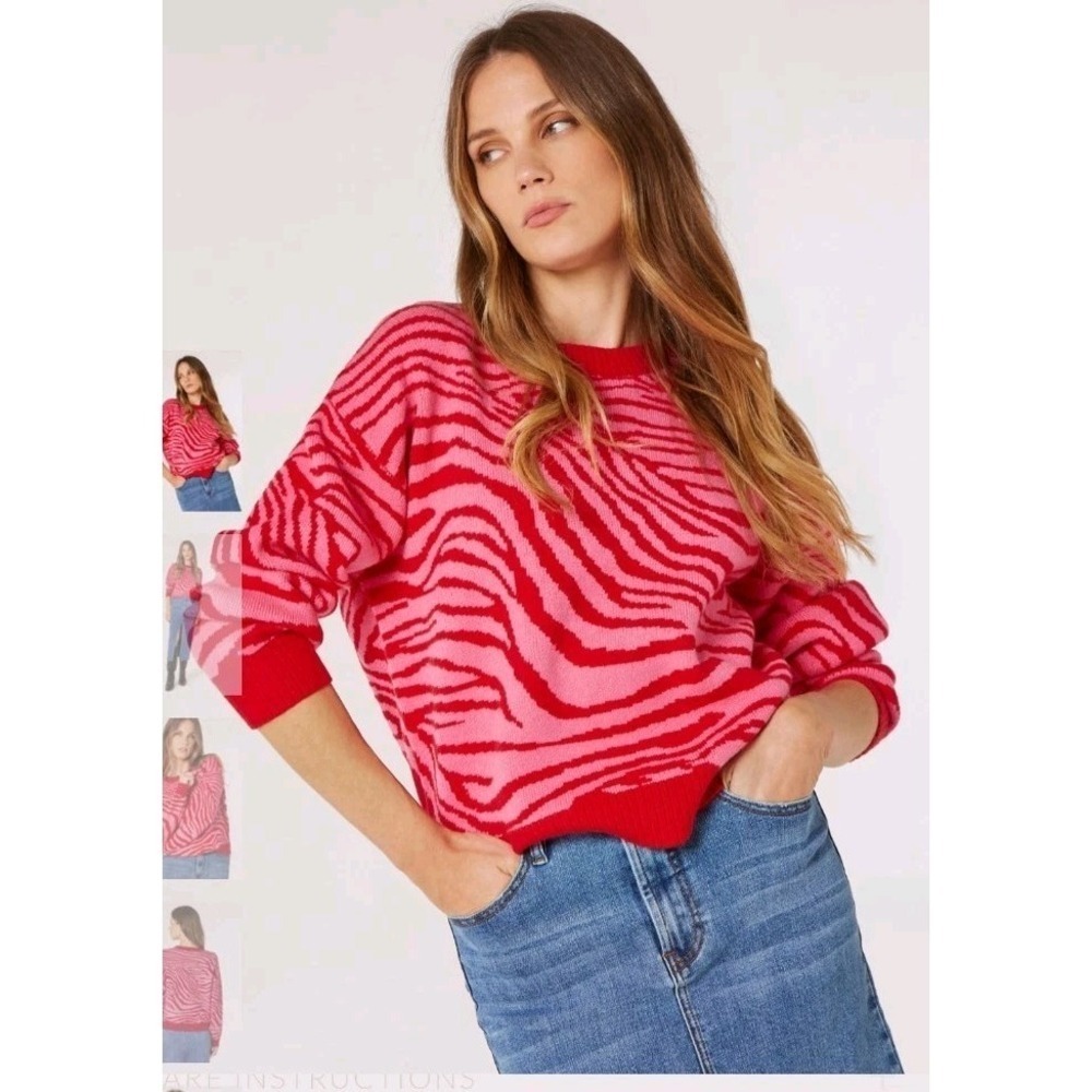 Apricot Pink And Red Zebra Print Cropped Oversized Soft Sweater Size 8